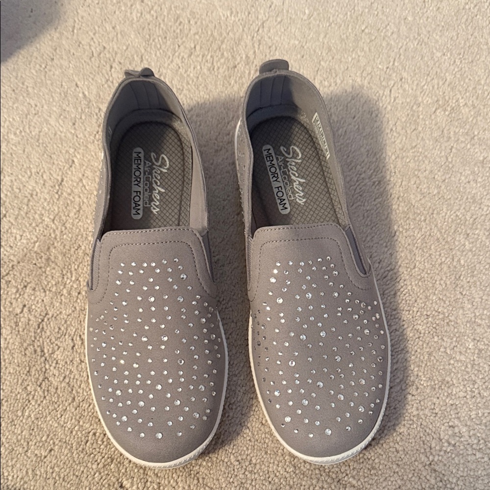 Skechers Women's Gray Slip-On Sneakers with Rhinestones
